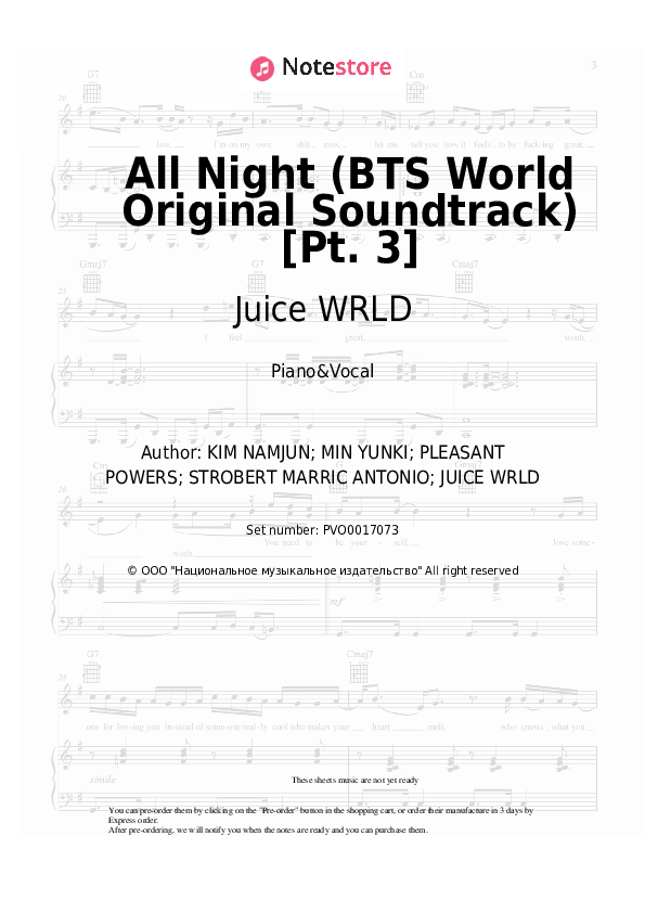 All Night (BTS World Original Soundtrack) [Pt. 3] - BTS, Juice WRLD Piano Sheet Music with the Voice part - Piano&Vocal