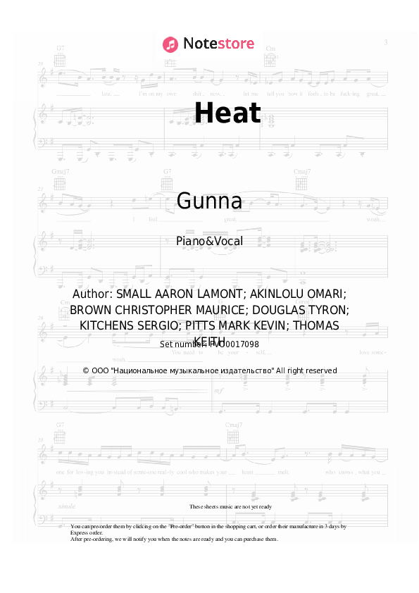 Heat - Chris Brown, Gunna Piano Sheet Music with the Voice part - Piano&Vocal