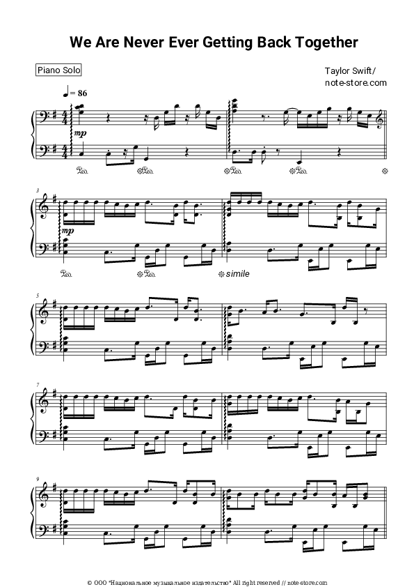 Taylor Swift - We Are Never Ever Getting Back Together piano sheet music