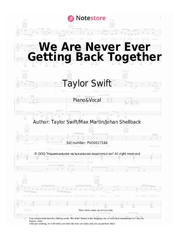 Sheet music with the voice part Taylor Swift - We Are Never Ever Getting Back Together - Piano&Vocal