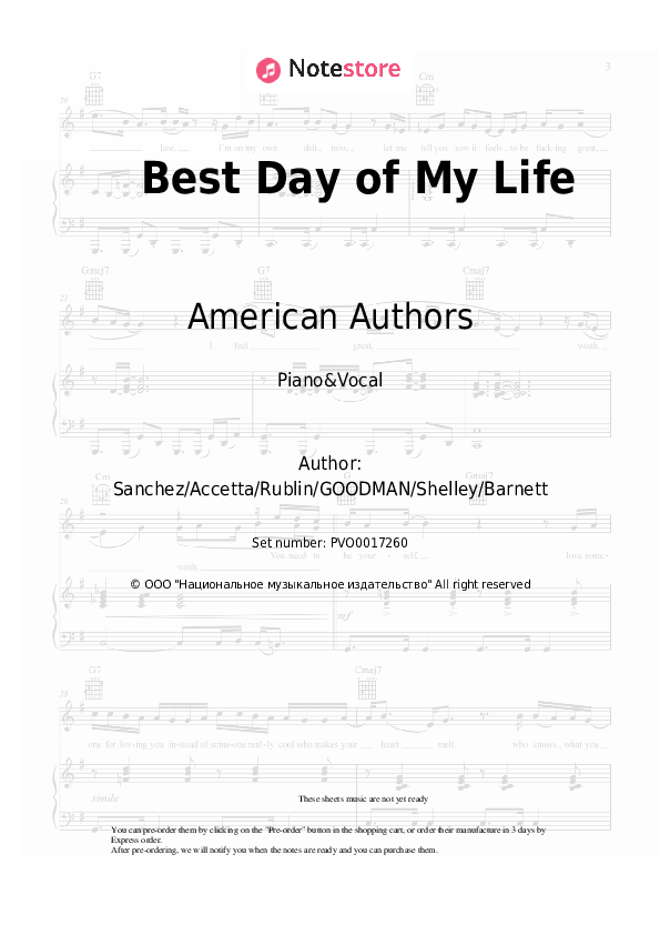 Sheet music with the voice part American Authors - Best Day of My Life - Piano&Vocal