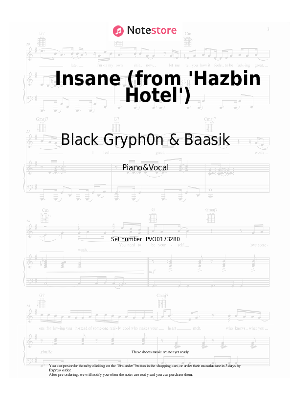 Insane (from 'Hazbin Hotel') - Black Gryph0n & Baasik Piano Sheet Music with the Voice part - Piano&Vocal