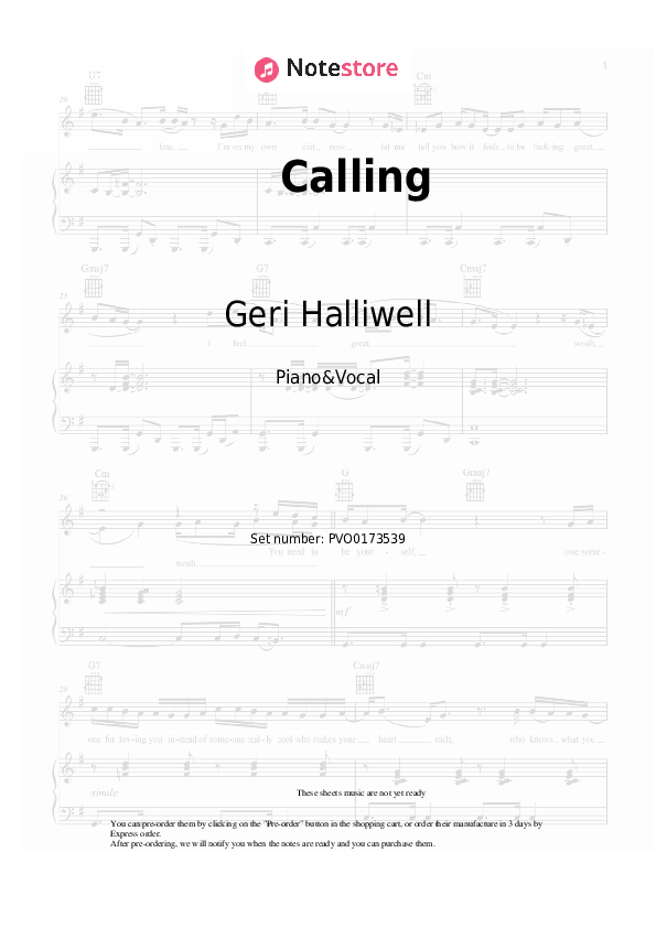 Calling - Geri Halliwell Piano Sheet Music with the Voice part - Piano&Vocal