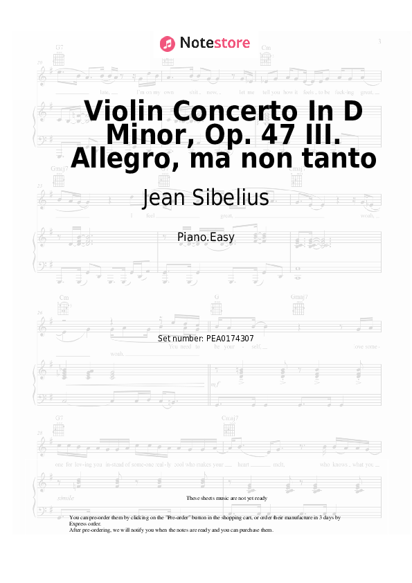 Violin Concerto In D Minor, Op. 47 III. Allegro, ma non tanto - Jean Sibelius Piano Sheet Music Easy - Piano.Easy