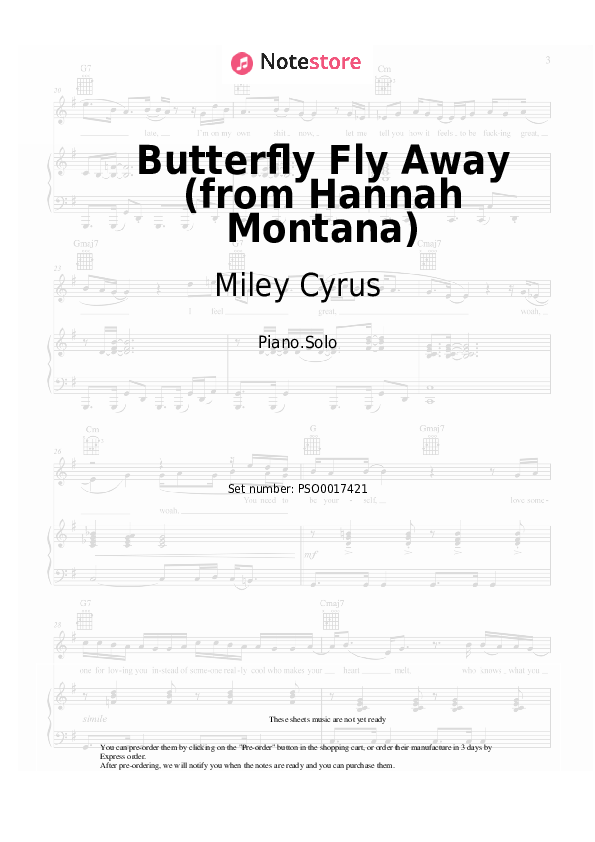 Sheet music Billy Ray Cyrus, Miley Cyrus - Butterfly Fly Away (from Hannah Montana) - Piano.Solo