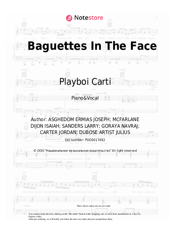 Sheet music with the voice part Mustard, A Boogie wit da Hoodie, NAV, Playboi Carti - Baguettes In The Face - Piano&Vocal