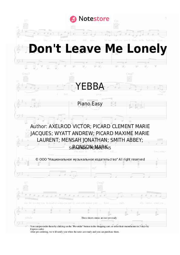 Easy sheet music Mark Ronson, YEBBA - Don't Leave Me Lonely - Piano.Easy