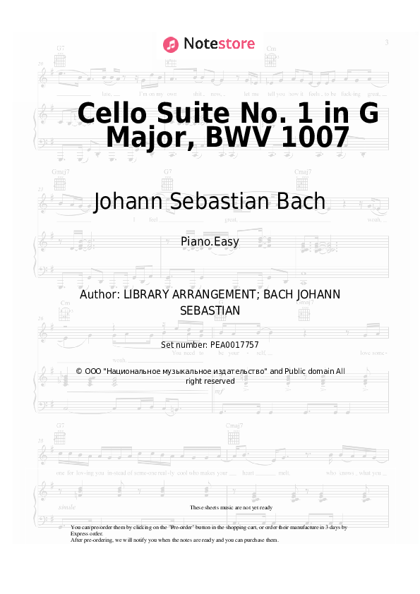 Easy sheet music Johann Sebastian Bach - Cello Suite No. 1 in G Major, BWV 1007 - Piano.Easy
