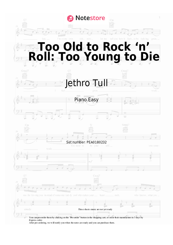 Too Old to Rock ‘n’ Roll: Too Young to Die - Jethro Tull Piano Sheet Music Easy - Piano.Easy