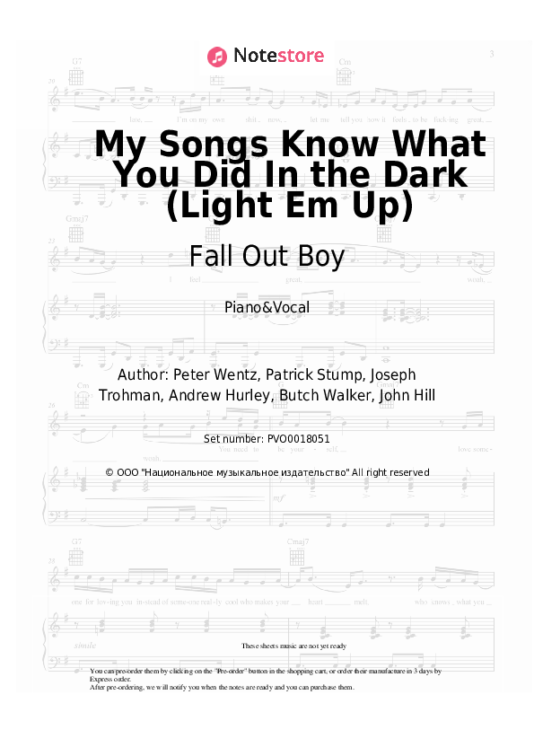 Sheet music with the voice part Fall Out Boy - My Songs Know What You Did In the Dark (Light Em Up) - Piano&Vocal