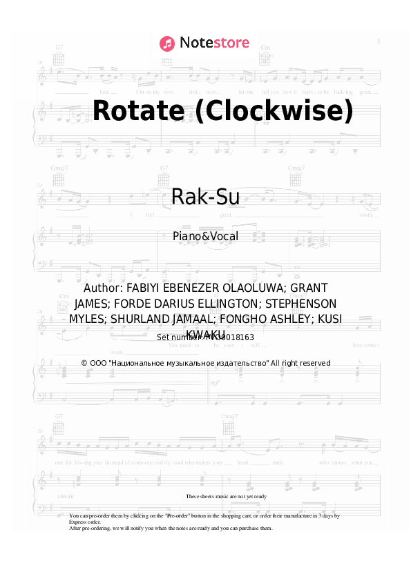 Rotate (Clockwise) - Rak-Su Piano Sheet Music with the Voice part - Piano&Vocal