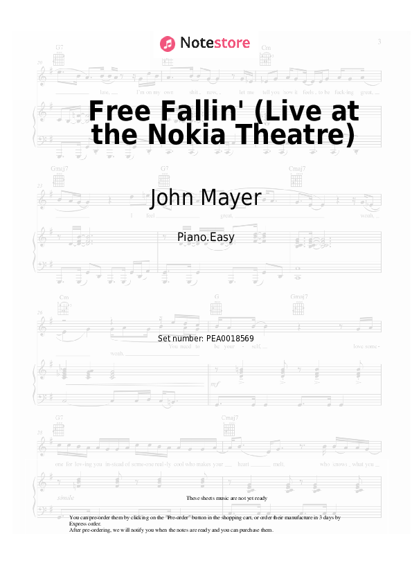 Free Fallin' (Live at the Nokia Theatre) - John Mayer Piano Sheet Music Easy - Piano.Easy