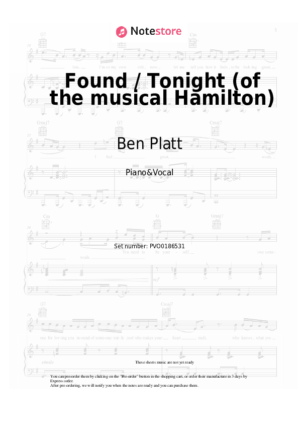 Found / Tonight (of the musical Hamilton) - Ben Platt, Lin-Manuel Miranda Piano Sheet Music with the Voice part - Piano&Vocal