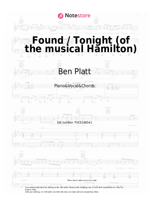 Found / Tonight (of the musical Hamilton) - Ben Platt, Lin-Manuel Miranda Piano Sheet Music with the Vocal and Chords - Piano&Vocal&Chords