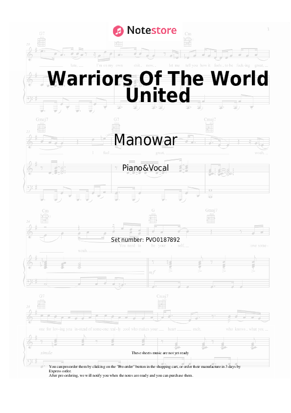 Warriors Of The World United - Manowar Piano Sheet Music with the Voice part - Piano&Vocal