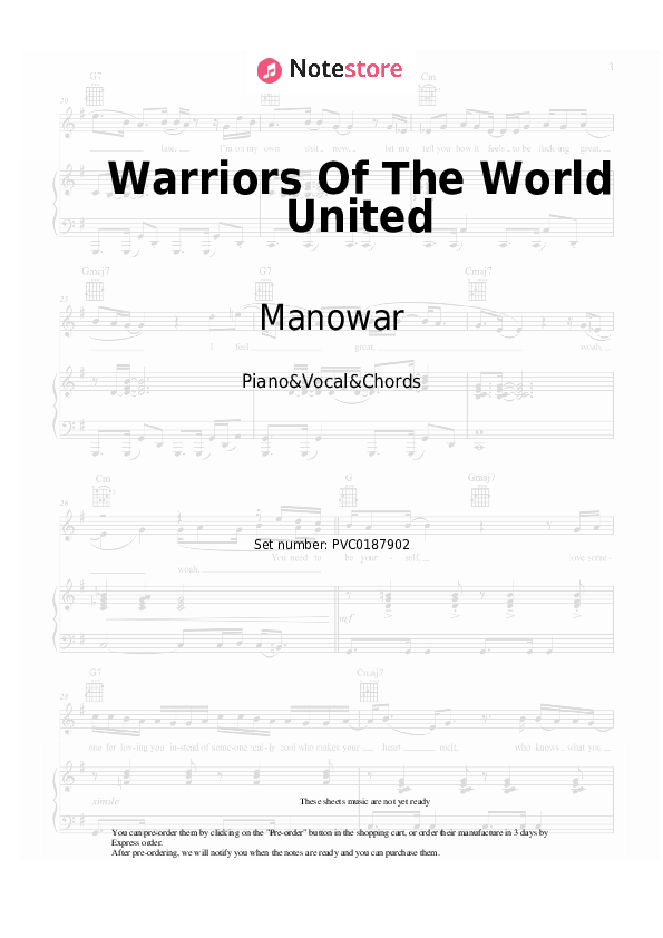 Warriors Of The World United - Manowar Piano Sheet Music with the Vocal and Chords - Piano&Vocal&Chords