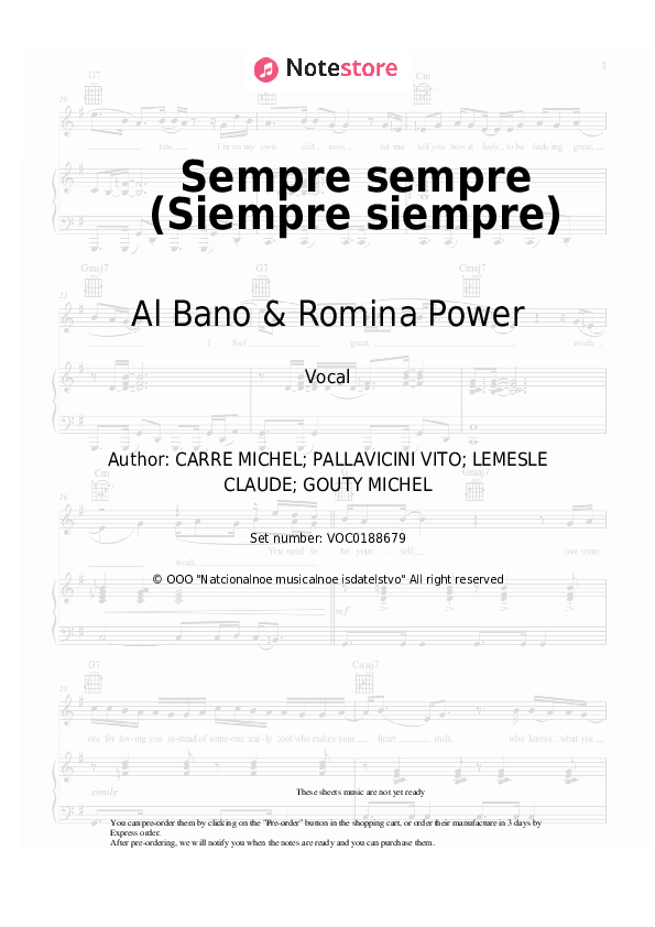 Sempre sempre (Siempre siempre) - Al Bano & Romina Power Vocal Sheet Music - Vocal