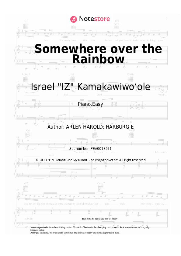 Easy sheet music Israel "IZ" Kamakawiwoʻole - Somewhere over the Rainbow - Piano.Easy