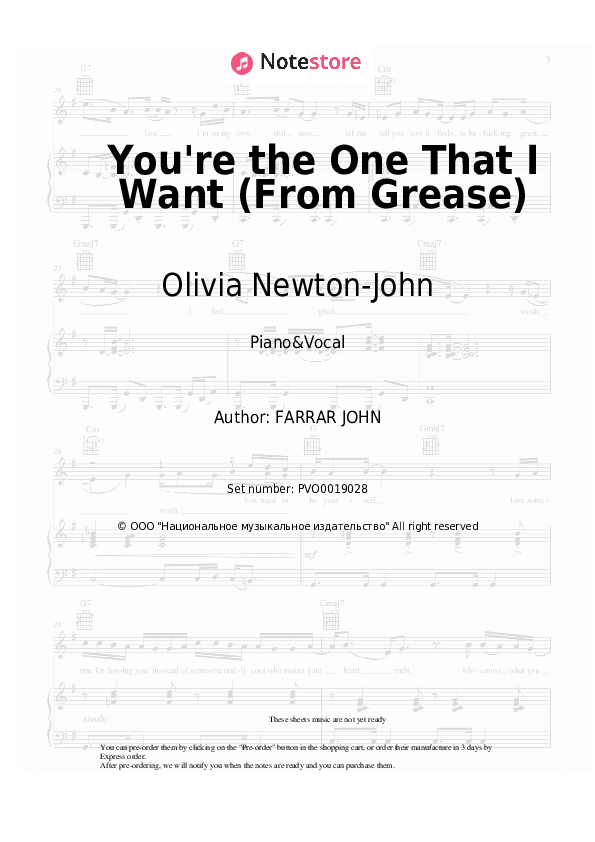 Sheet music with the voice part John Travolta, Olivia Newton-John - You're the One That I Want (From Grease) - Piano&Vocal
