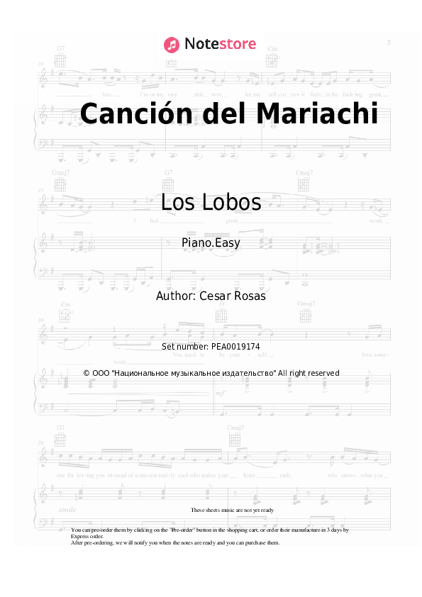 Easy sheet music Los Lobos - Canción del Mariachi - Piano.Easy