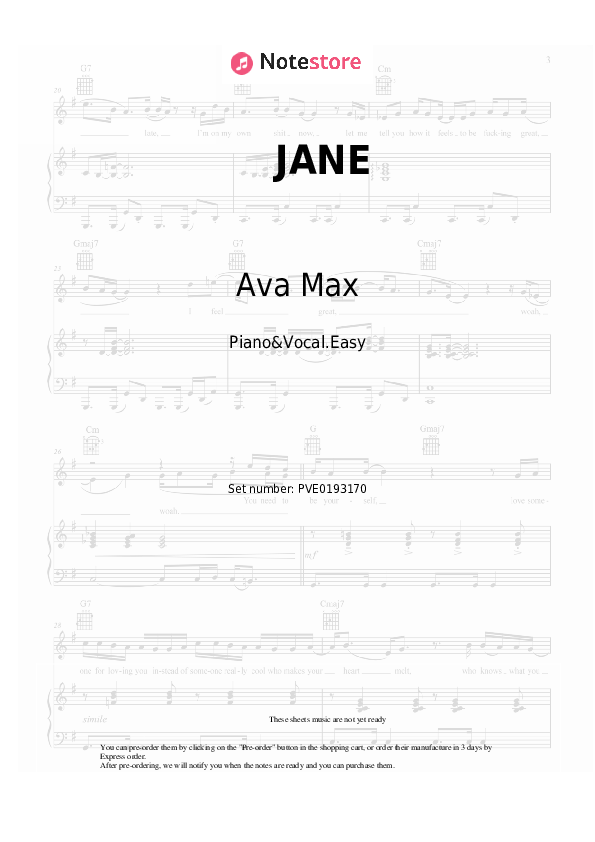 JANE - Ava Max Piano Sheet Music Easy and Vocal - Piano&Vocal.Easy