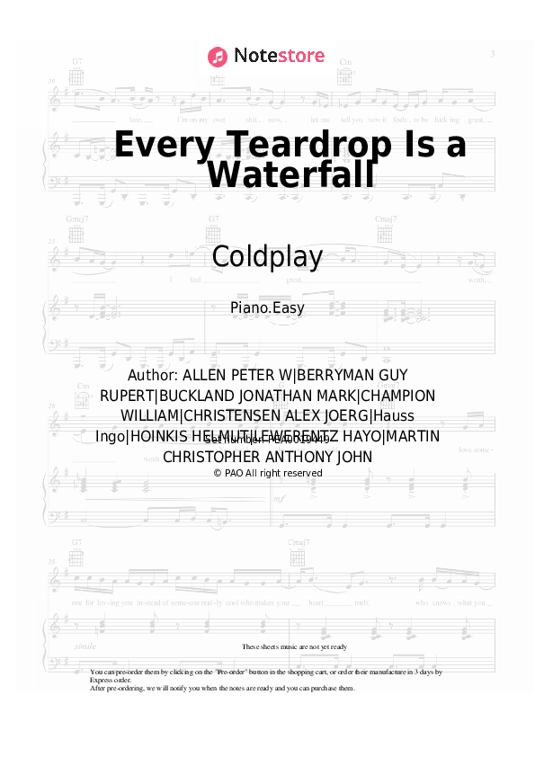 Easy sheet music Coldplay - Every Teardrop Is a Waterfall - Piano.Easy