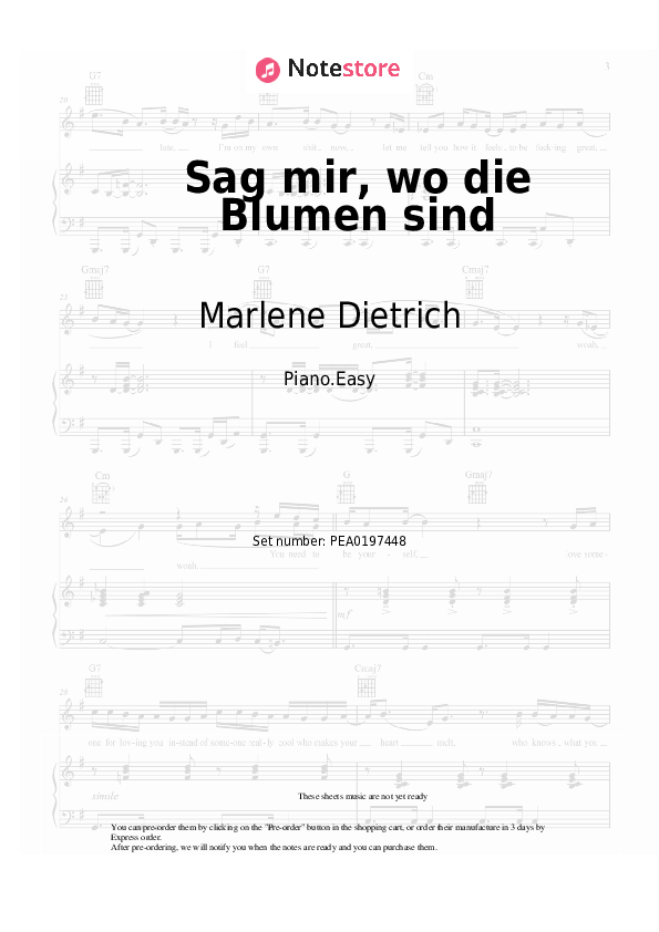 Sag mir, wo die Blumen sind - Marlene Dietrich Piano Sheet Music Easy - Piano.Easy