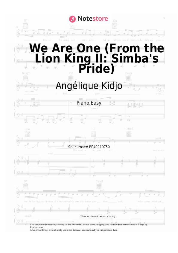 Easy sheet music Angélique Kidjo - We Are One (From the Lion King II: Simba's Pride) - Piano.Easy