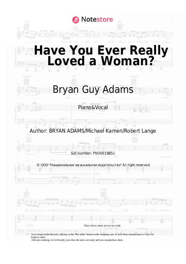 Sheet music with the voice part Bryan Guy Adams - Have You Ever Really Loved a Woman? - Piano&Vocal