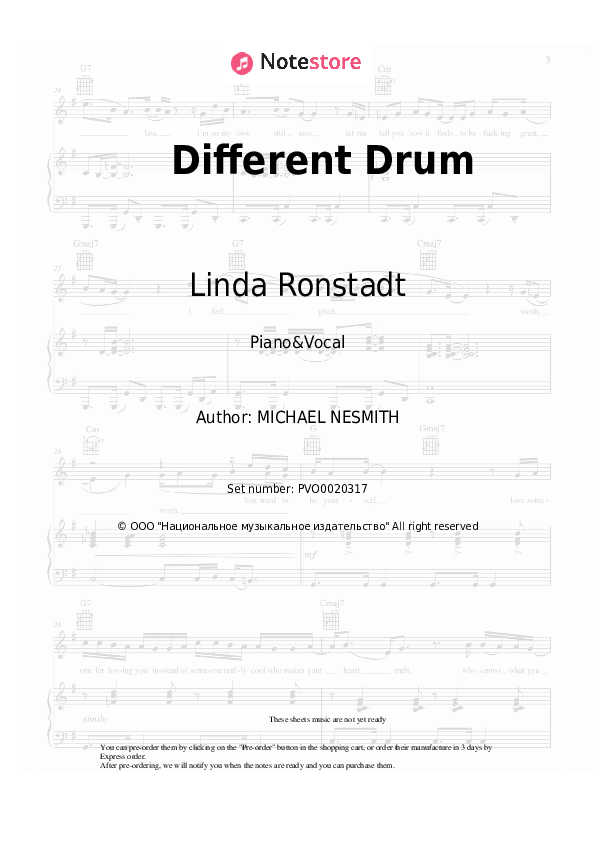 Different Drum - Linda Ronstadt Piano Sheet Music with the Voice part - Piano&Vocal