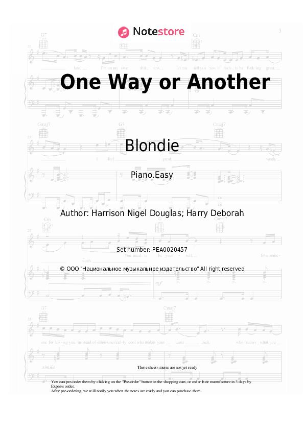 Easy sheet music Blondie - One Way or Another - Piano.Easy