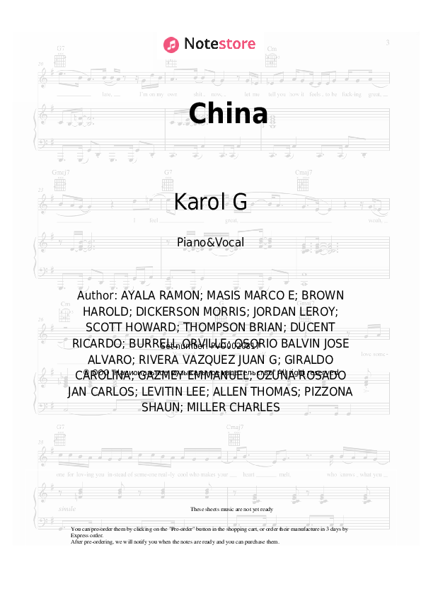 Sheet music with the voice part Daddy Yankee, J Balvin, Ozuna, Anuel AA, Karol G - China - Piano&Vocal