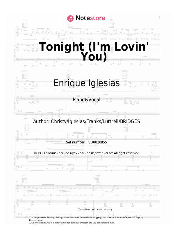 Sheet music with the voice part Enrique Iglesias - Tonight (I'm Lovin' You) - Piano&Vocal