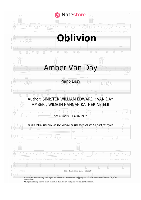 Easy sheet music Love Harder, Amber Van Day - Oblivion - Piano.Easy