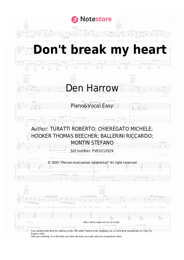 Don't break my heart - Den Harrow Piano Sheet Music Easy and Vocal - Piano&Vocal.Easy