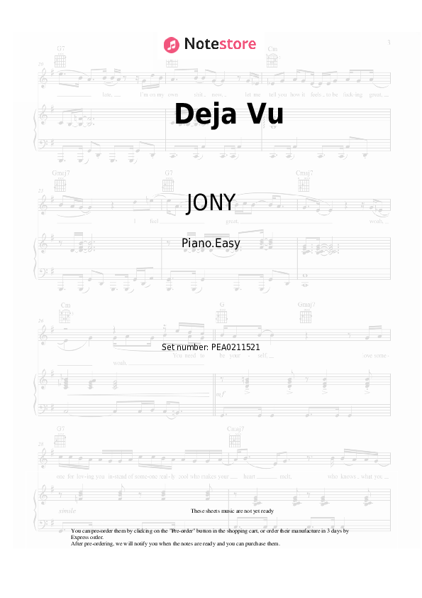 Deja Vu - JONY Piano Sheet Music Easy - Piano.Easy