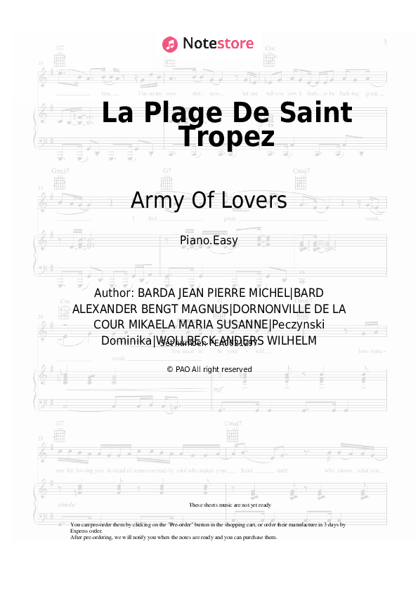 Easy sheet music Army Of Lovers - La Plage De Saint Tropez - Piano.Easy