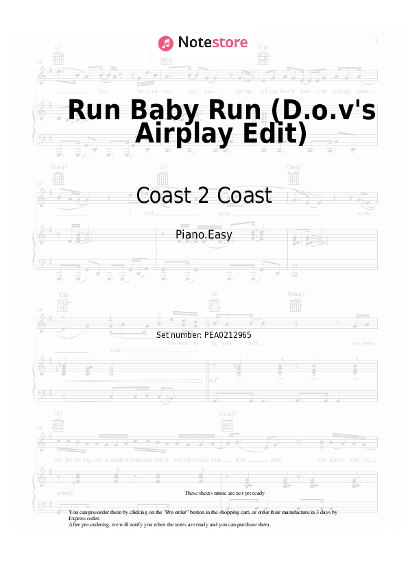 Run Baby Run (D.o.v's Airplay Edit) - Coast 2 Coast Piano Sheet Music Easy - Piano.Easy