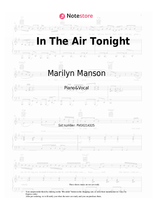 In The Air Tonight - Marilyn Manson Piano Sheet Music with the Voice part - Piano&Vocal