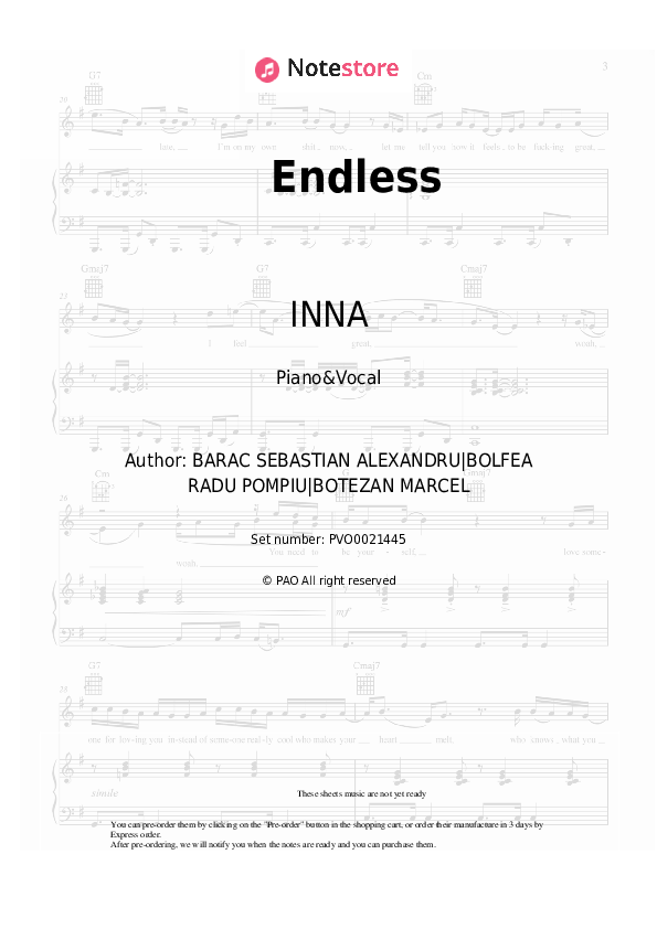 Endless - INNA Piano Sheet Music with the Voice part - Piano&Vocal