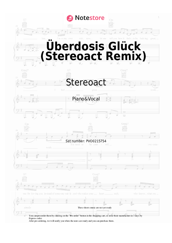 Überdosis Glück (Stereoact Remix) - Stereoact Piano Sheet Music with the Voice part - Piano&Vocal