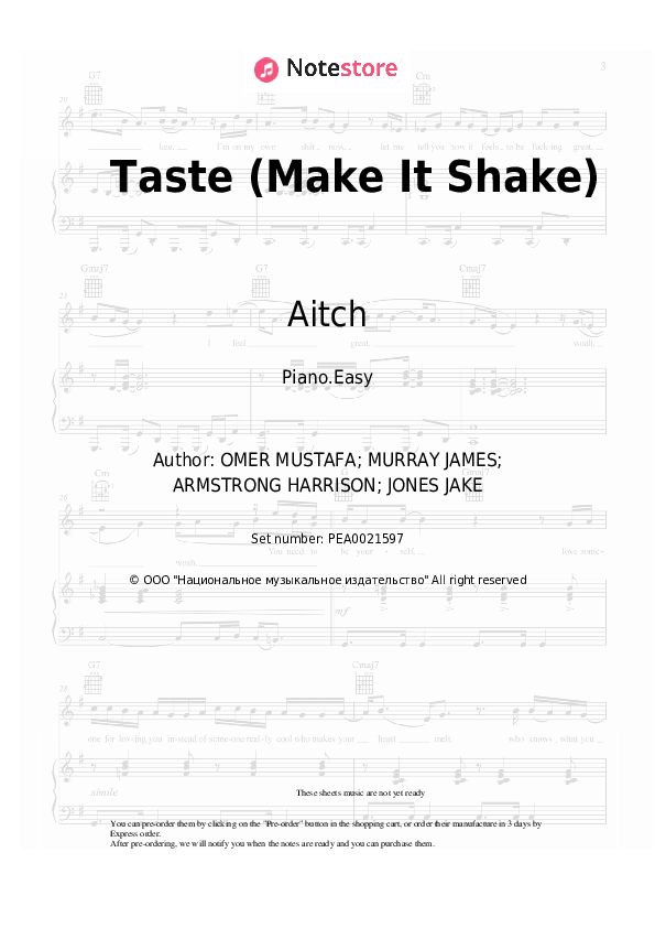 Easy sheet music Aitch - Taste (Make It Shake) - Piano.Easy