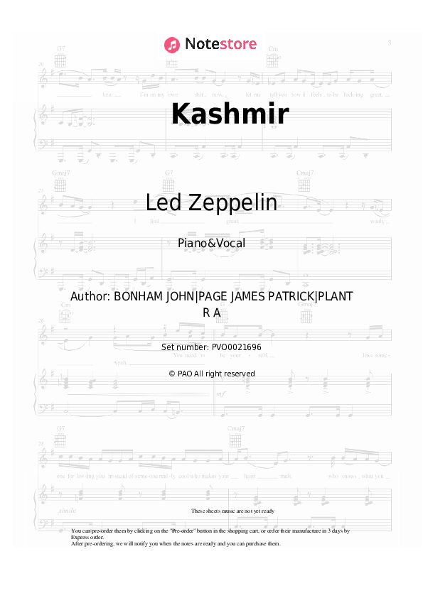 Sheet music with the voice part Led Zeppelin - Kashmir - Piano&Vocal