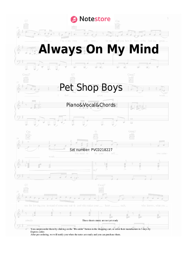Always On My Mind - Pet Shop Boys Piano Sheet Music with the Vocal and Chords - Piano&Vocal&Chords