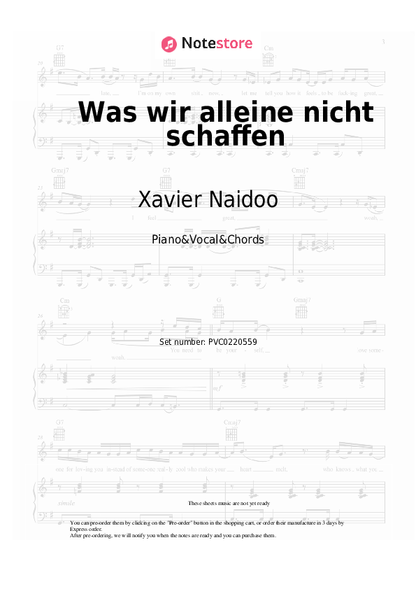 Was wir alleine nicht schaffen - Xavier Naidoo Piano Sheet Music with the Vocal and Chords - Piano&Vocal&Chords
