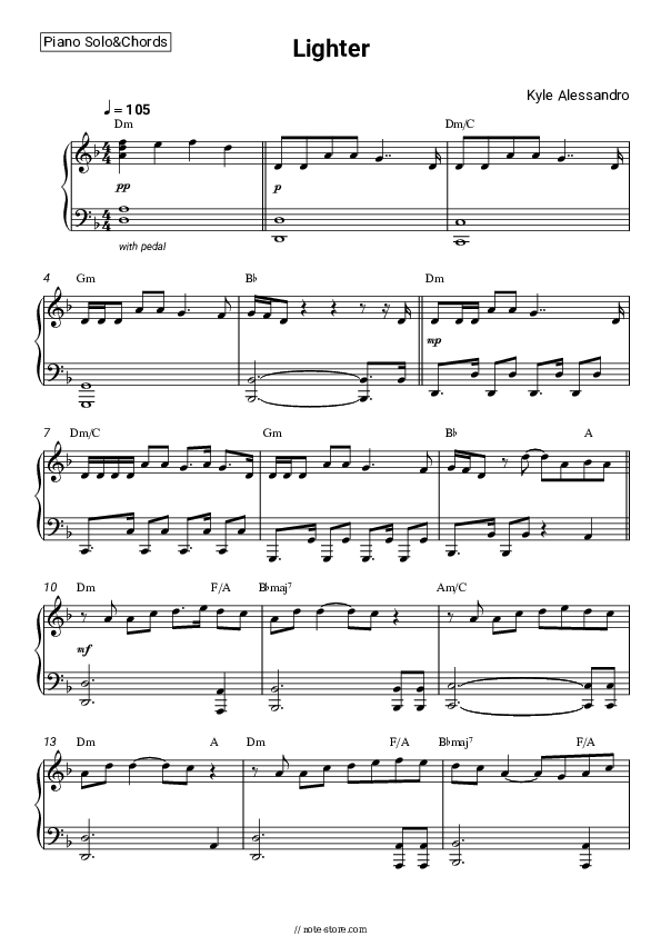 Lighter - Kyle Alessandro Piano Sheet Music and Chords - Piano.Solo&Chords