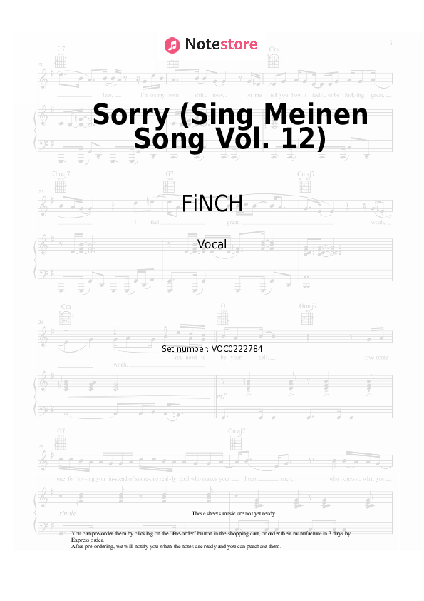 Sorry (Sing Meinen Song Vol. 12) - FiNCH Vocal Sheet Music - Vocal