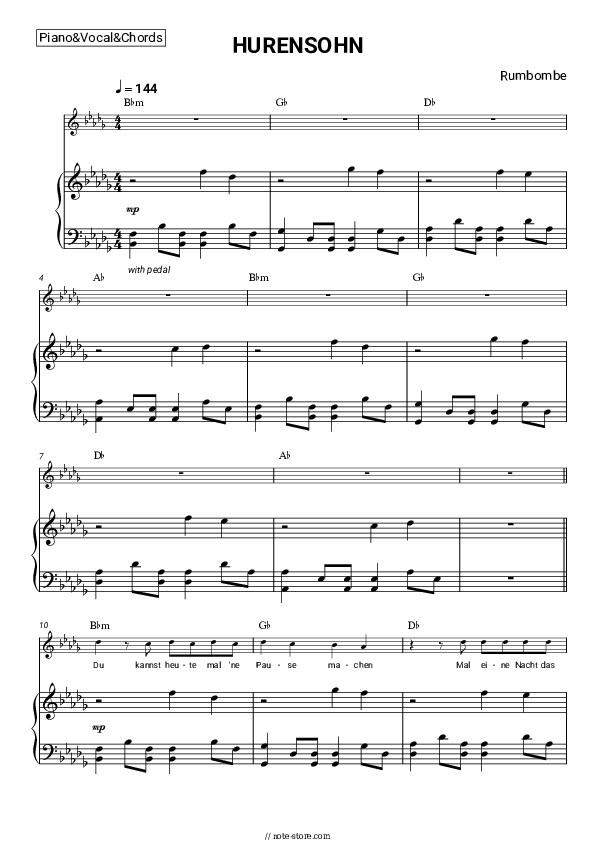 HURENSOHN - Rumbombe Piano Sheet Music with the Vocal and Chords - Piano&Vocal&Chords