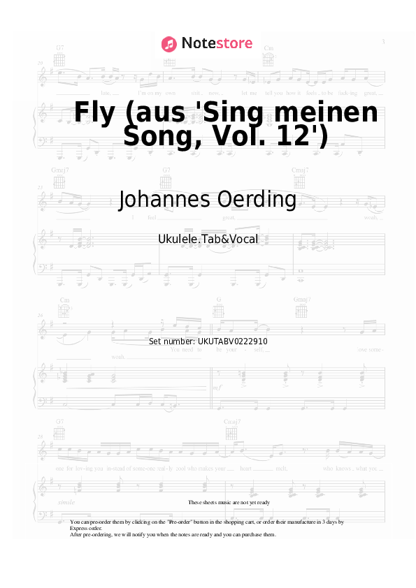 Fly (aus 'Sing meinen Song, Vol. 12') - Johannes Oerding Sheet Music - Ukulele.Tab&Vocal