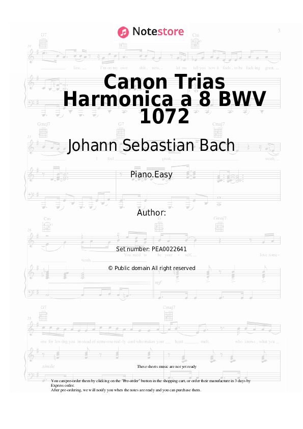 Easy sheet music Johann Sebastian Bach - Canon Trias Harmonica a 8 BWV 1072 - Piano.Easy